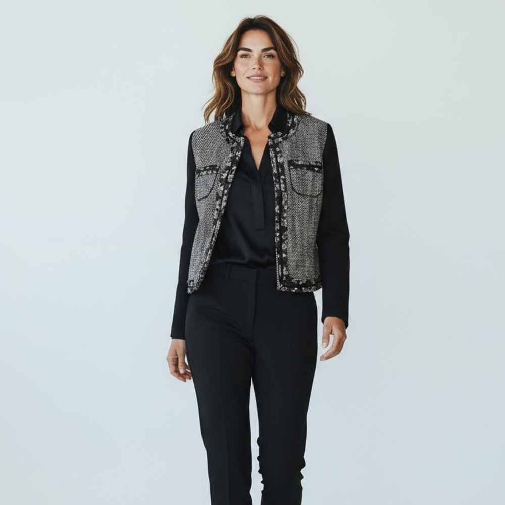 BCBG - GENERATION - EYE CATCHING WOMEN’S BLACK, WHITE & FLORAL TWEED JACKET- B16 - Picture 1 of 12